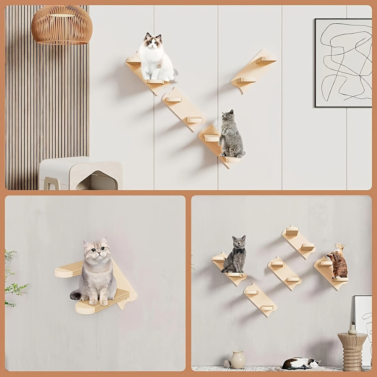 Four-Step Wall-Mounted Cat Ladder with 45.5cm Wood Frame, Rope-Covered Treads and Fastener Points