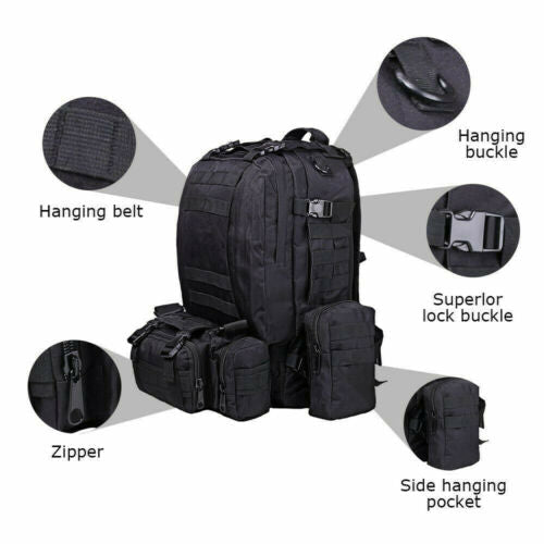 60L Tactical-Style Backpack with Three Detachable Pouches, MOLLE Webbing and Six Color Checkout Options
