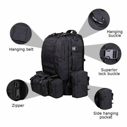 60L Tactical-Style Backpack with Three Detachable Pouches, MOLLE Webbing and Six Color Checkout Options