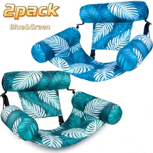 Inflatable Lounge Chair Pool Float Set of 2 – Leaf Pattern Adult Float for Pool Parties Lakes & Beaches, Portable Summer Water Lounger Blue & Green