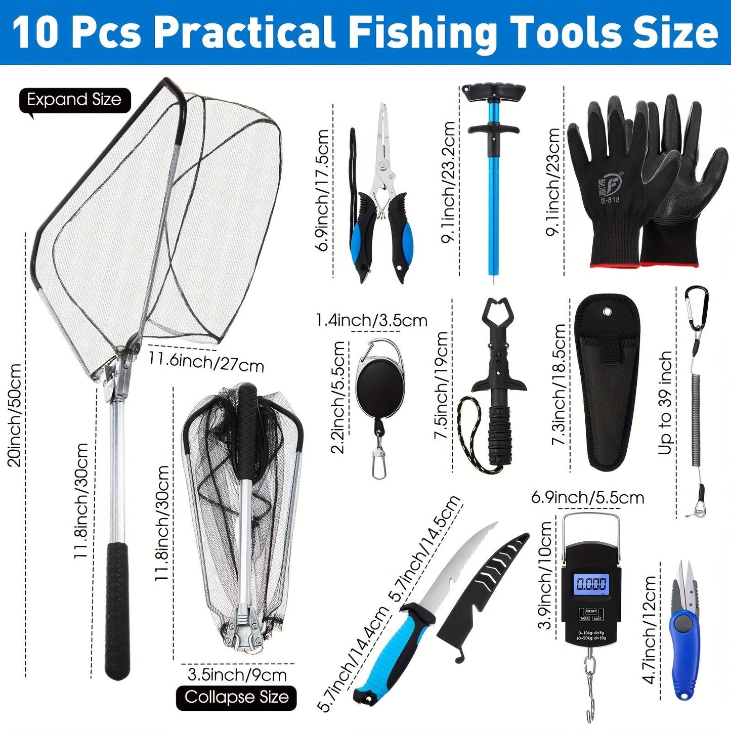 Fishing Tool Kit 10-Piece – Fishing Pliers with Lanyard & Sheath, Landing Net, Fillet Knife, Fish Scale, Gripper, Hook Remover, Braid Scissors & Gloves, Complete Angler Gift Set (Blue)