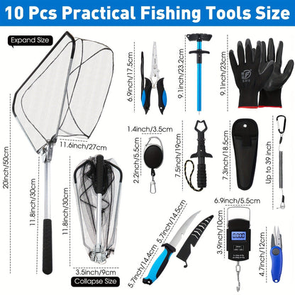 Fishing Tool Kit 10-Piece – Fishing Pliers with Lanyard & Sheath, Landing Net, Fillet Knife, Fish Scale, Gripper, Hook Remover, Braid Scissors & Gloves, Complete Angler Gift Set (Blue)