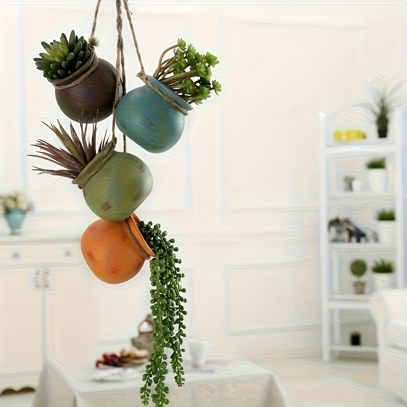 Four-Piece Geometric Hanging Planter Set with Hemp-Rope-Label Suspension and Four Earth-Tone Pot Colors