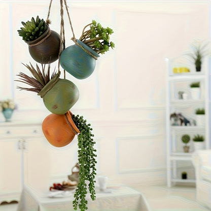 Four-Piece Geometric Hanging Planter Set with Hemp-Rope-Label Suspension and Four Earth-Tone Pot Colors