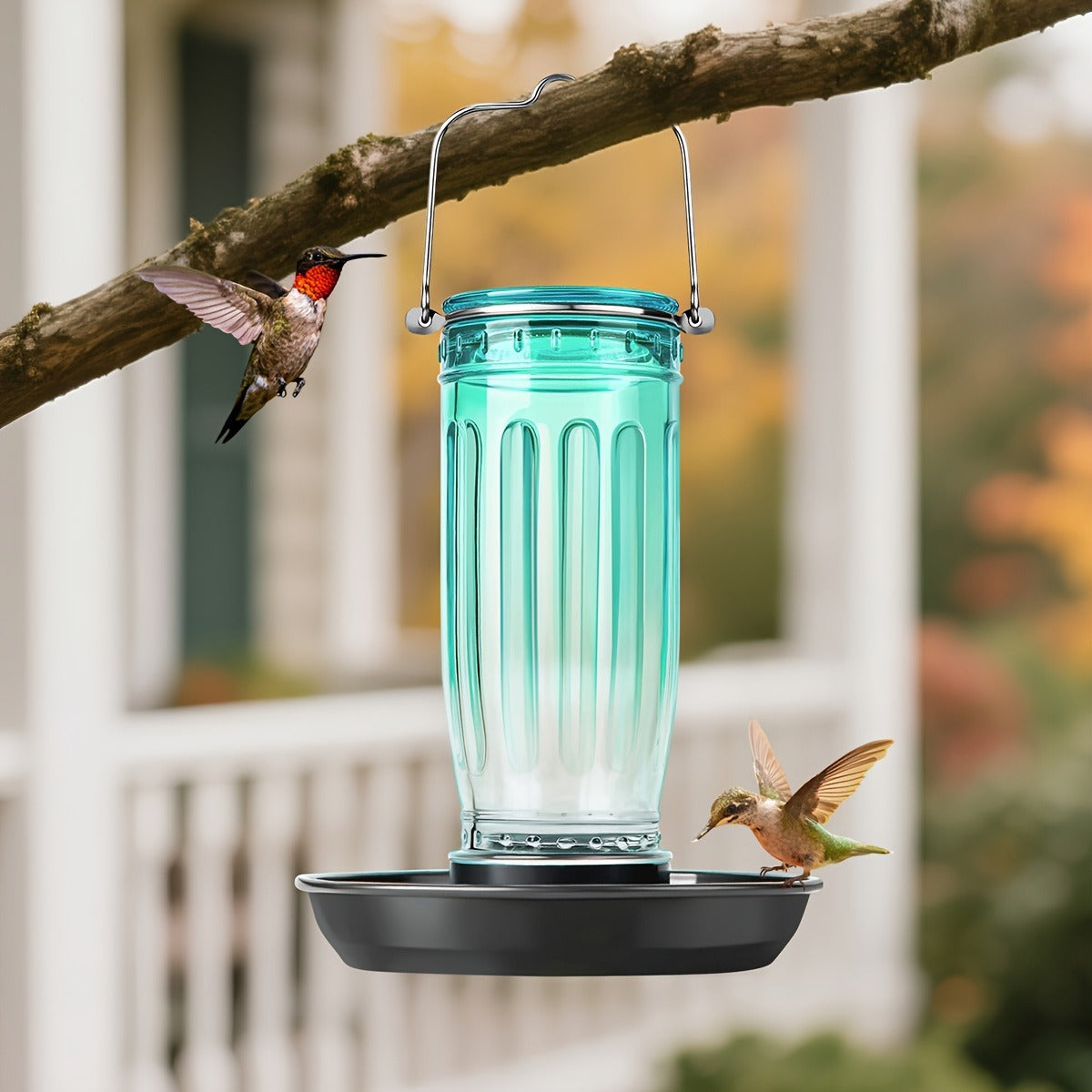 Bird Waterer Outdoor Hanging Glass Wild Bird Water Dispenser with Metal Handle - Gravity Fed Garden Yard Patio Tree Bird Feeder for Cardinals Blue Jays Finches Sparrows Bird Lover Gift