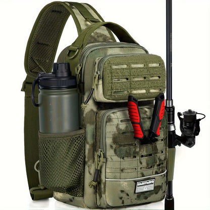 Camouflage Fishing Shoulder Bag with Six Checkout Options, Multi-Pocket Layout, Rod Holder and Bottle Pocket