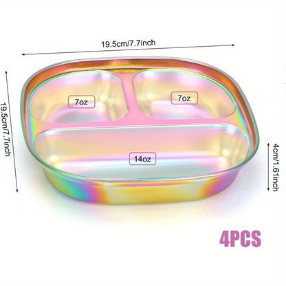Divided Plates Stainless Steel Set of 4 with Lids - Kids Adults Portion Control Trays, for Home Cooking, Dining and Outdoor Meals