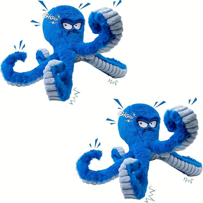 Dog Toy Octopus Plush with Built-In Squeaker and Crinkle Texture in Blue or Yellow with 1, 2 or 4-Pack Options