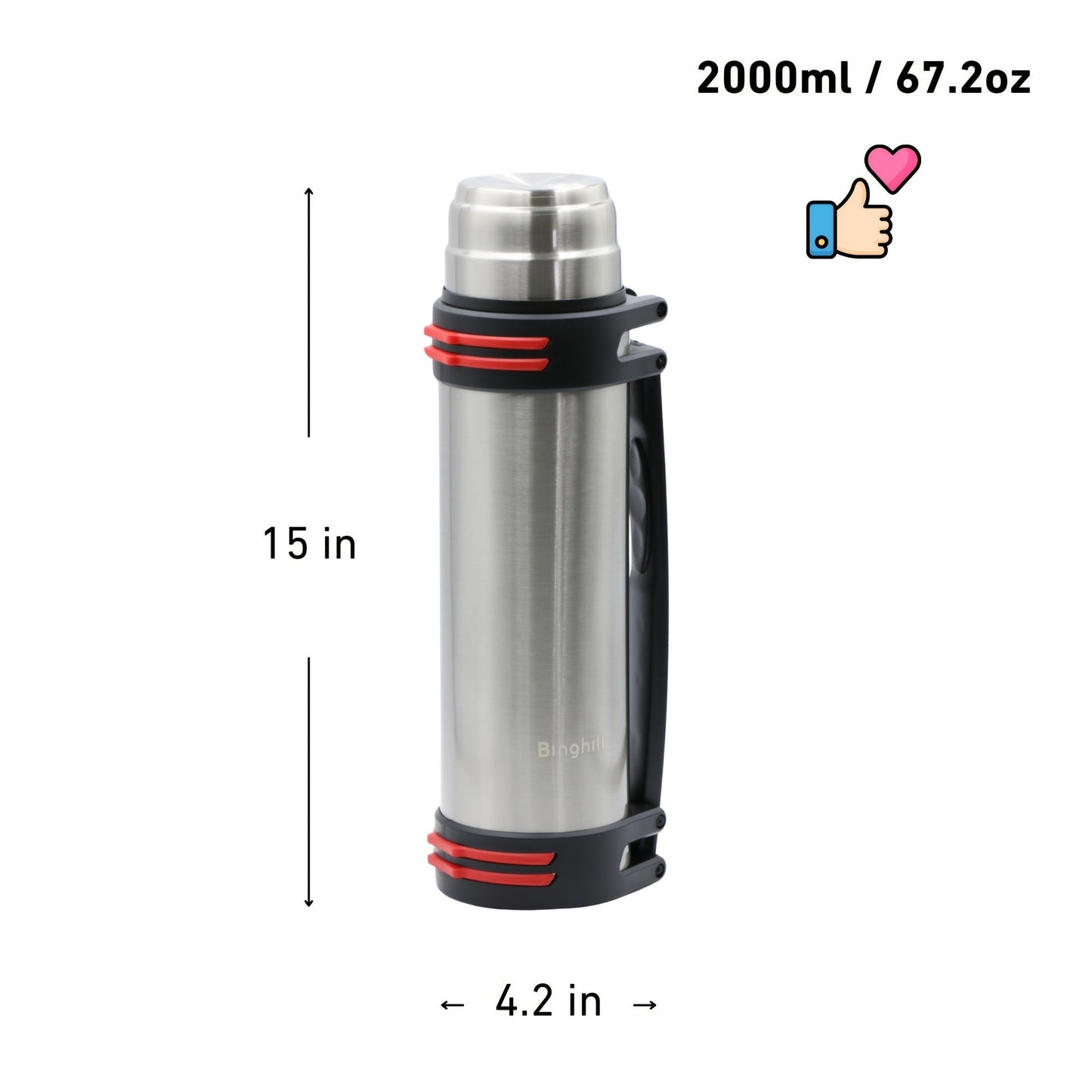 2000ml Stainless Steel Water Bottle Flask with Cup-Style Cap, Rigid Side Handle and Shoulder Strap