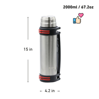 2000ml Stainless Steel Water Bottle Flask with Cup-Style Cap, Rigid Side Handle and Shoulder Strap