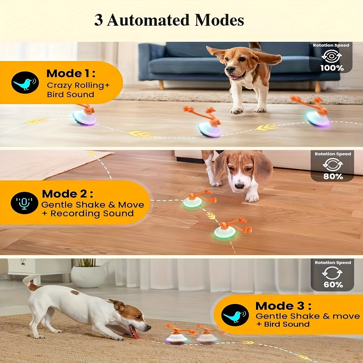 Dog Toy Motion-Activated Auto-Rolling Ball with Voice Recording, Rope and White or Gray Options