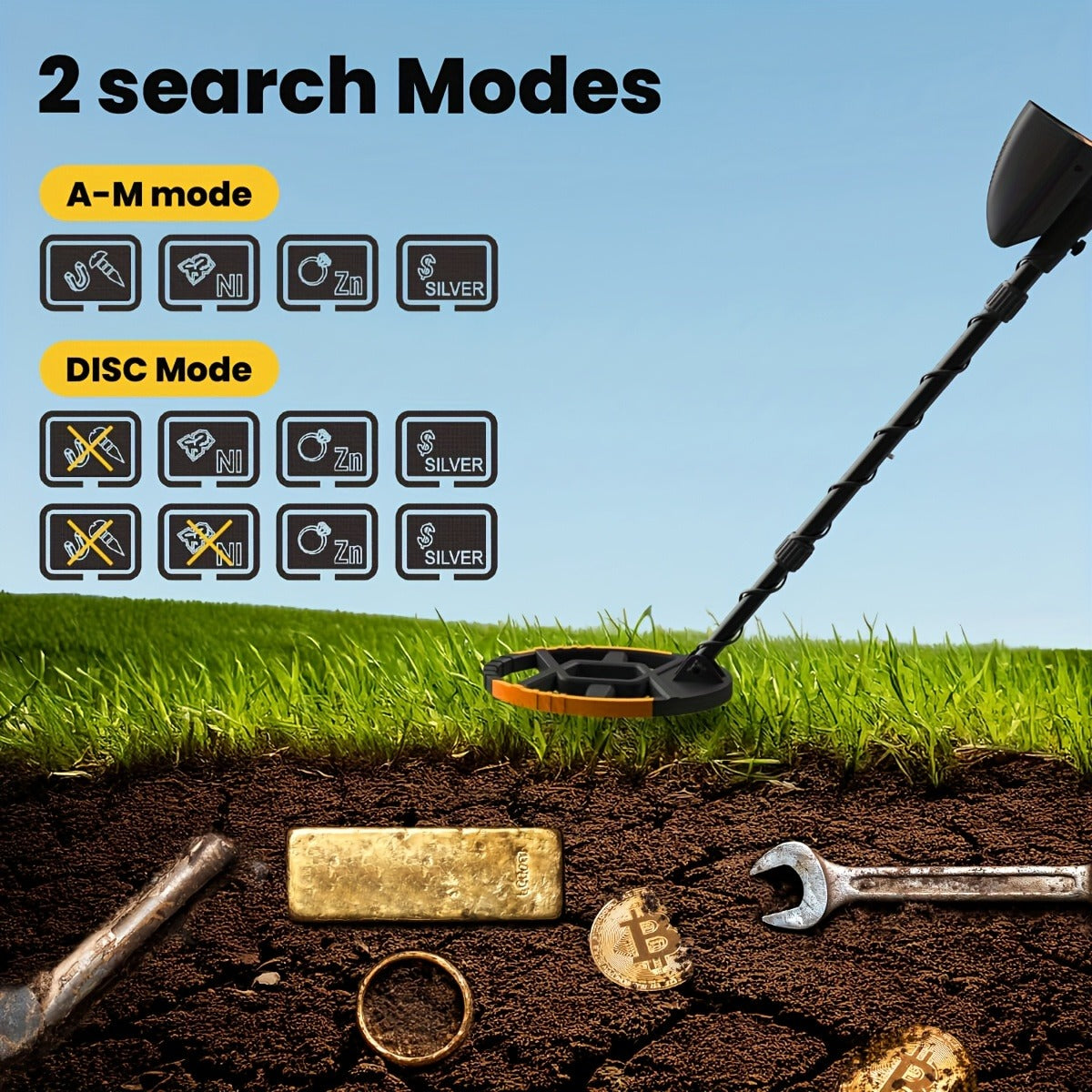 LCD Metal Detector with 8-Inch Search Coil, Adjustable Shaft and Green, Yellow or Basic-Version Options