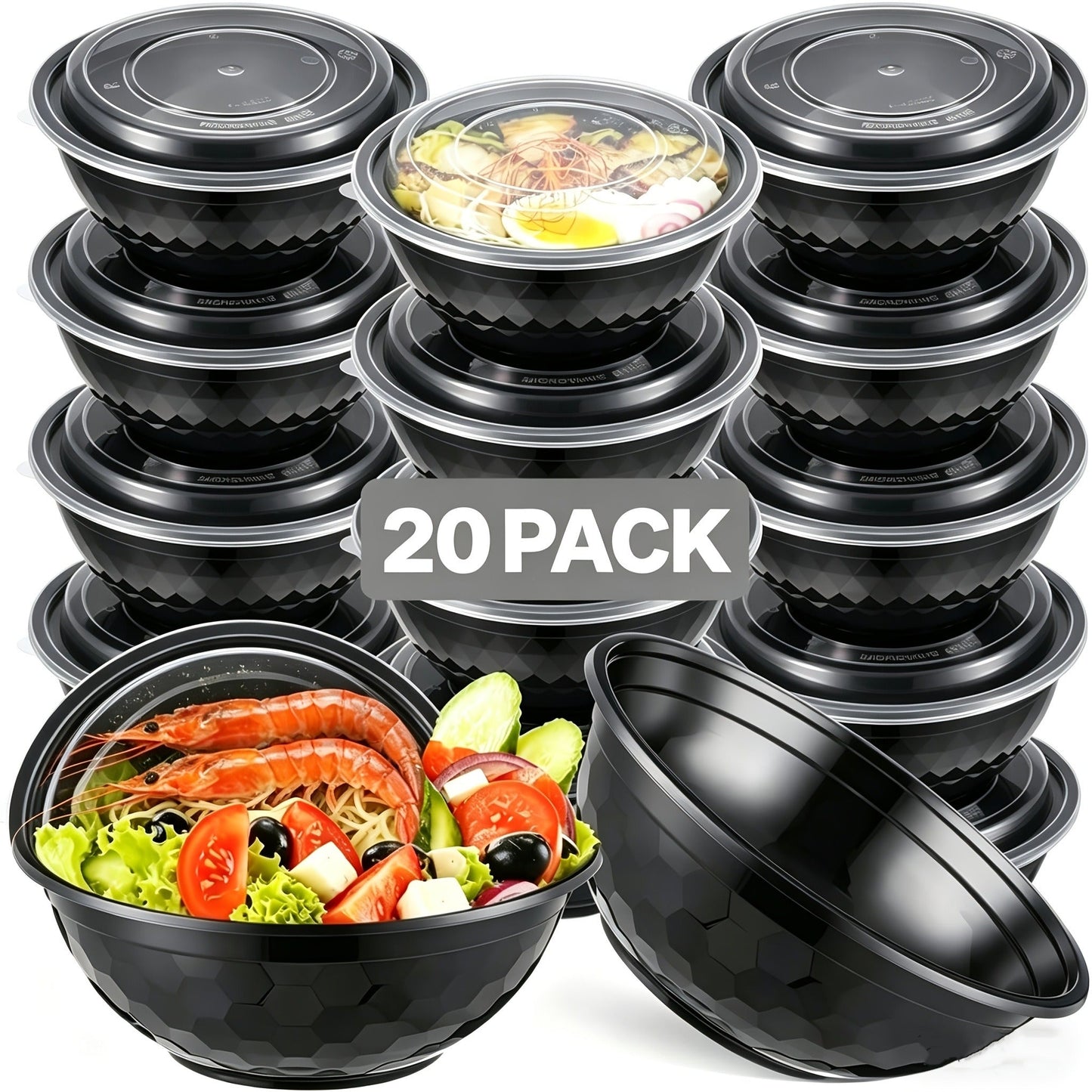 Food Storage Containers 36 oz Black Diamond Salad Bowls with Lids in 20- or 150-Set Options