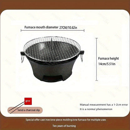 Cast Iron Charcoal Grill Round Portable, Mini BBQ Grill with Wooden Board & Stainless Steel Mesh Tray, Compact Tabletop Charcoal Grill for Outdoor Camping, Pizza, Tea Cooking & Family BBQ