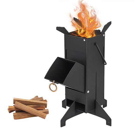 Rocket Stove Wood Burning Stove, Heavy-Duty Detachable Outdoor Cooking Stove for Courtyard, Camping & Grilling – Charcoal & Firewood Compatible, Black