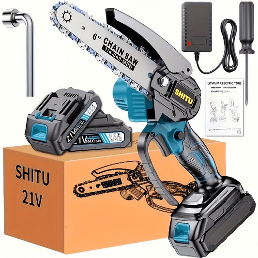 Handheld Electric Chainsaw – Mini Cordless Portable Tree Cutter with Splash Guard, Security Lock, Rechargeable Battery Options, Garden & Yard Gift for Men