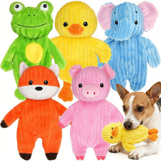 Dog Toys Five-Piece Squeaky Plush Animal Set with Pig, Frog, Elephant, Chicken and Fox Designs