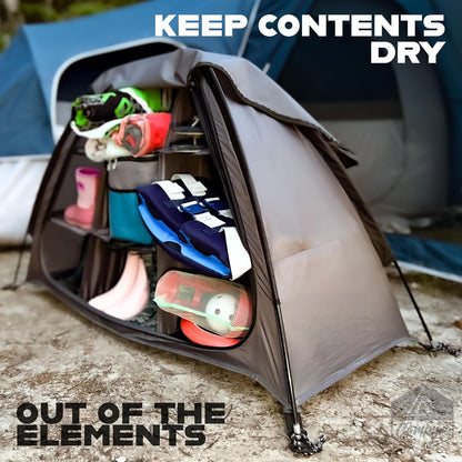 Curved-Top Nine-Shelf Camping Organizer in Brown or Gray with Zippered Front Flap and Folded Carry Form