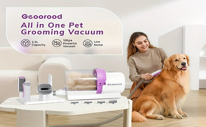 Pet Grooming Vacuum Kit with 2.5L Collection Cup, Electric Clipper, Hose and Four Pictured Tool Attachments