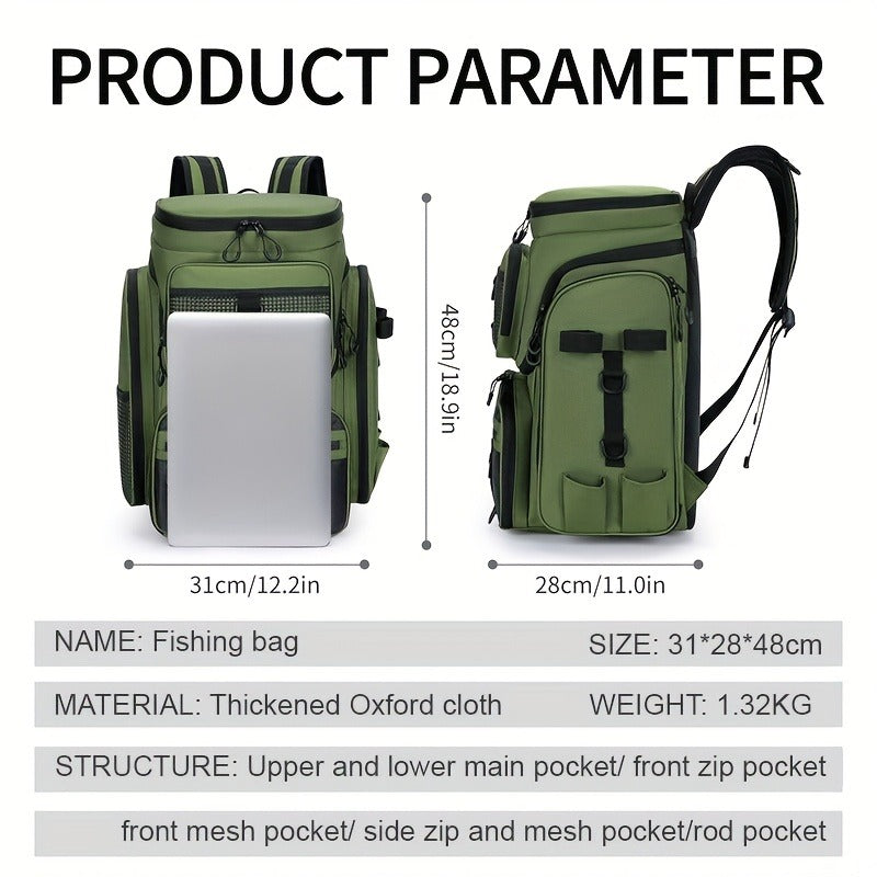 Black Camouflage Fishing Backpack with Twin Shoulder Straps, Front Zip Compartments and Side Rod Loops