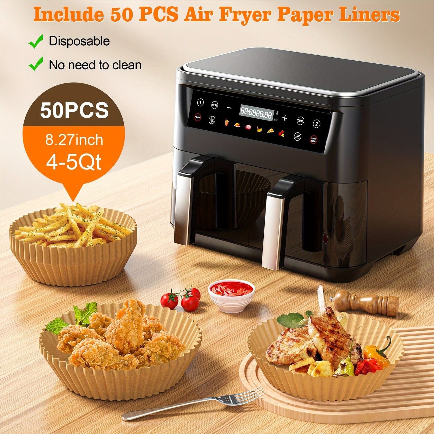 10Qt Dual-Basket Air Fryer with Two Viewing Windows, Sync Controls, Touch Panel and 50 Paper Liners