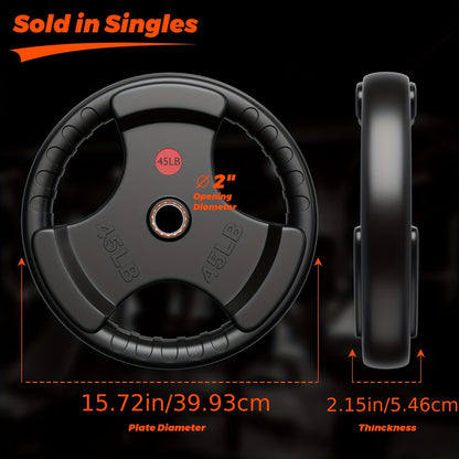 Tri-Grip Weight Plates with Three Hand Openings and 25, 35 or 45 lb Options for Barbell Training