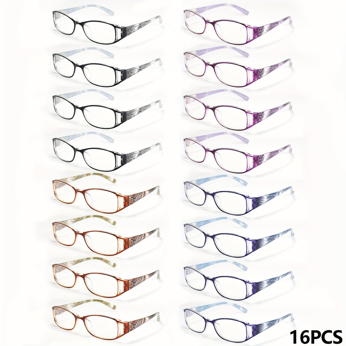 Reading Glasses – Sixteen-Pair Square-Frame Reader Set with Four Each in Purple, Blue, Brown and Black