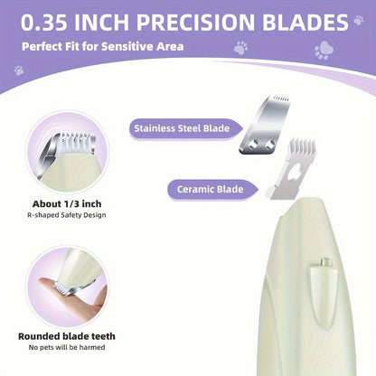 LED Dog Paw Trimmer with USB-Rechargeable Cordless Design, Spare Head Pieces and Purple or Green Finish