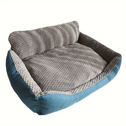 Blue-Gray Dog Bed Couch with Raised Back and Side Bolsters in Four Sizes, Plus One Random Cat Teaser