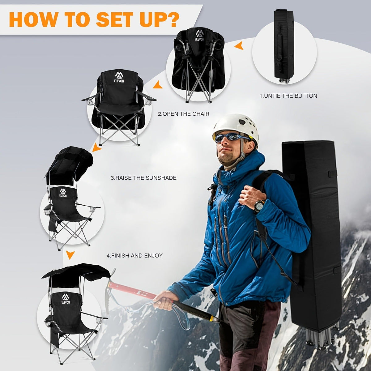 Folding Camping Chair with Optional Sunshade Canopy, Cup Holders, Carry Bag and Black, Red or Blue Configurations
