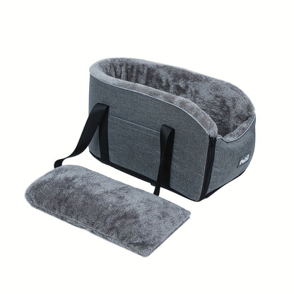 Open-Top Pet Carrier Car Seat Tote with Padded Rim, Attachment Straps, Interior Clip and Grey Fabric Exterior