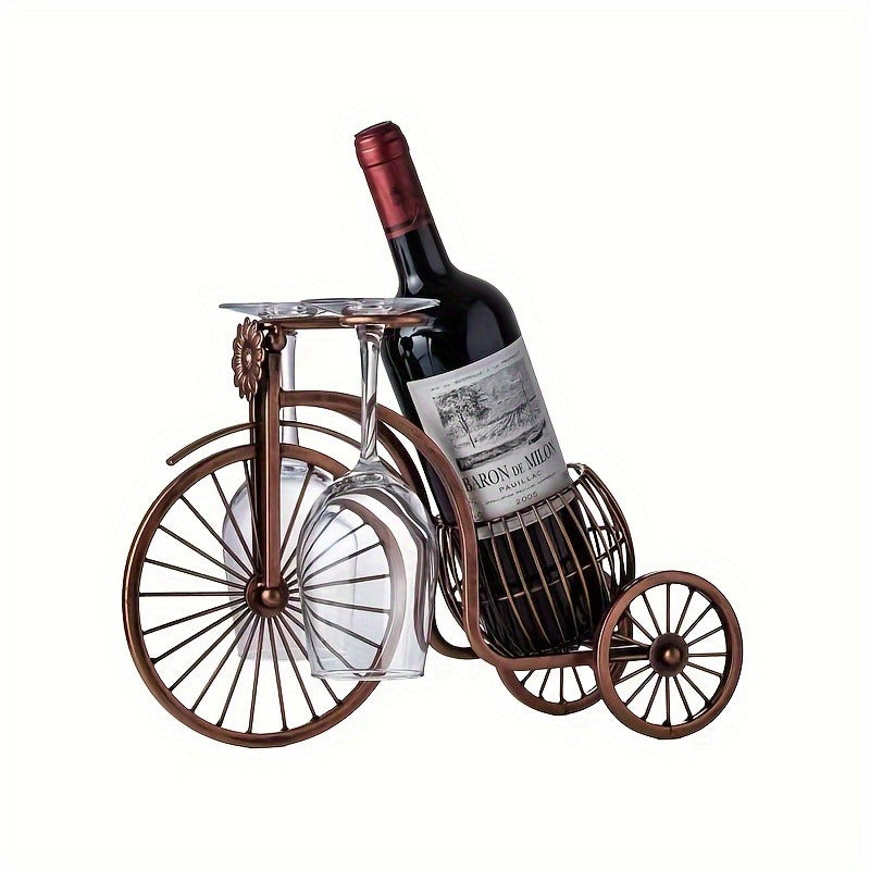 Wine Rack Bicycle Shaped - Holds 1 Bottle & 2 Glasses, Vintage Iron Bike Wine Holder for Home Decor, Tabletop Display, Parties & Gifts, Polished Finish