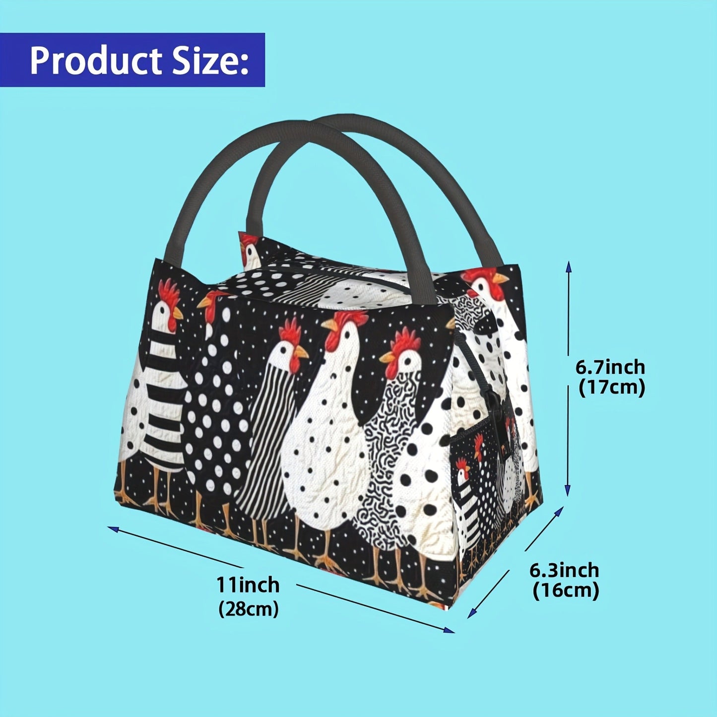 Chicken Print Lunch Bag Tote, 11 x 6.3 x 6.7 Inches with Top Zipper and Dual Carry Handles