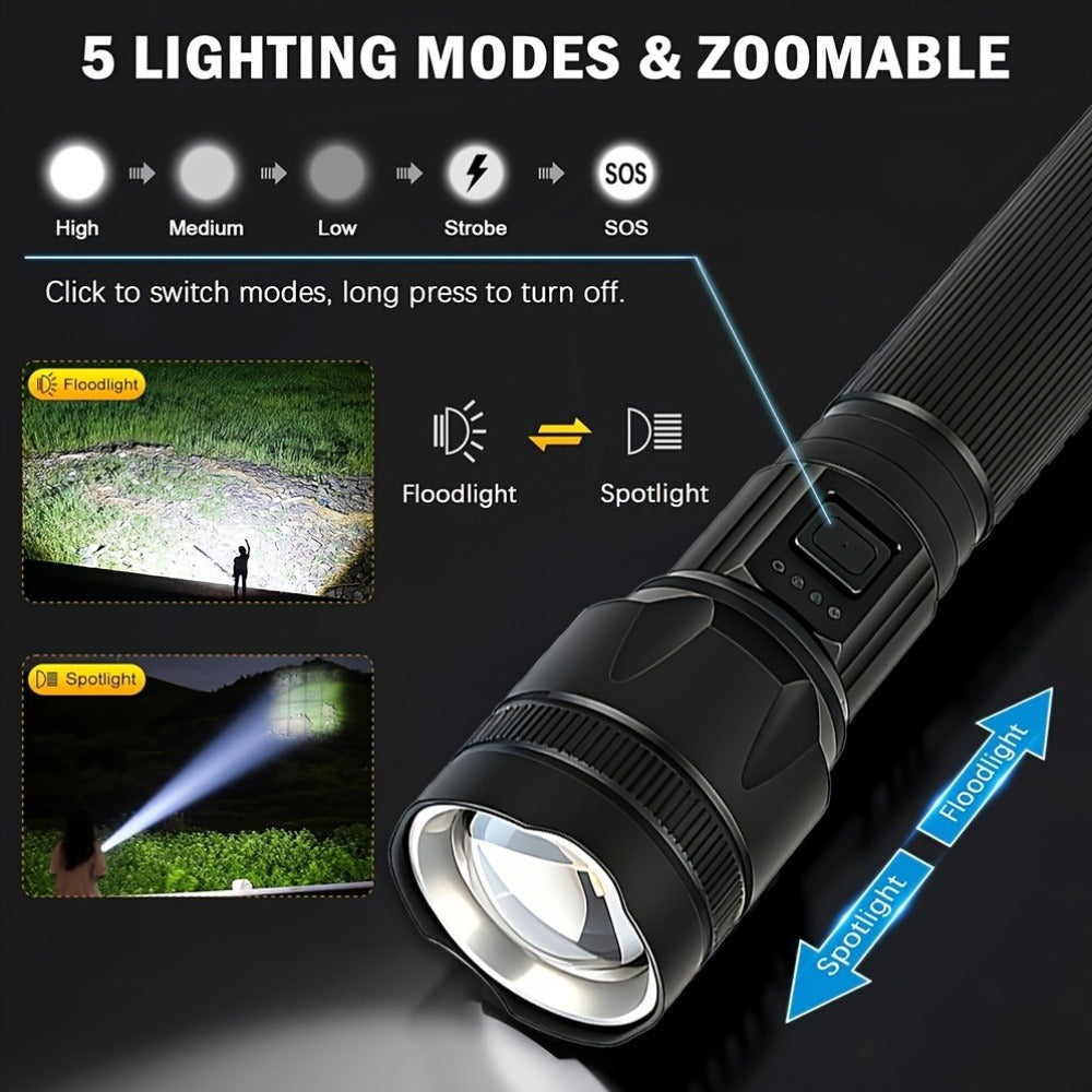 Flashlight 4000-Lumen P70 Zoom Torch with Five Modes, USB-C Charging and 18650 5000mAh Battery