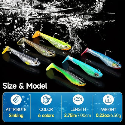 Fishing Lure Set 6-Piece Pre-Rigged Paddle-Tail Soft Swimbaits with Jig Hooks in 2.75 or 3.54-Inch Sizes
