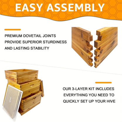 Three-Layer Langstroth-Style Beehive Box Kit with Two Deep Boxes, One Medium Box and Metal-Topped Cover