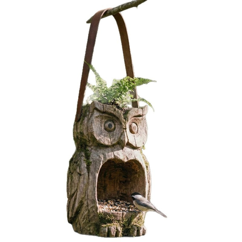Rustic Owl-Shaped Hanging Bird Feeder and Planter with Open Front, Carry Strap and Hollow Log-Style Body