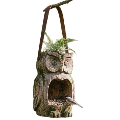 Rustic Owl-Shaped Hanging Bird Feeder and Planter with Open Front, Carry Strap and Hollow Log-Style Body