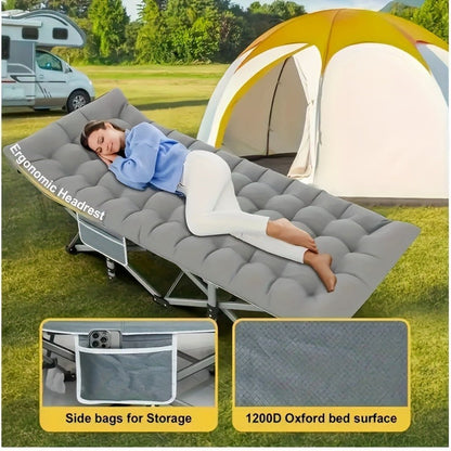 Folding Camping Cot with 74 x 30 Inch Plaid Mattress Checkout Label, Carry Bag and Side Storage Pocket