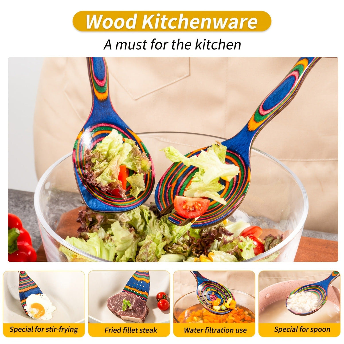 Pakkawood Kitchen Utensil Set 7 PCS, for Home Cooking, Dining and Outdoor Meals, with the Listed Configuration