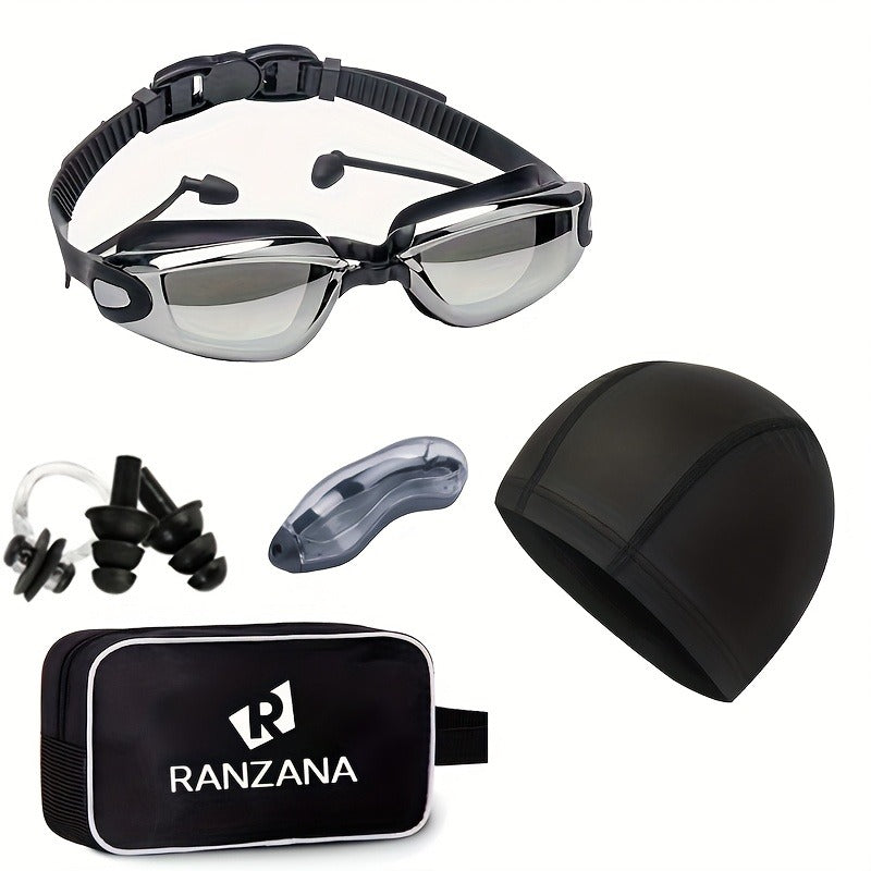 Adult Swimming Goggles Six-Piece Set with Black Silver-Look Lenses, Swim Cap, Case, Nose Clip, Earplugs and Bag