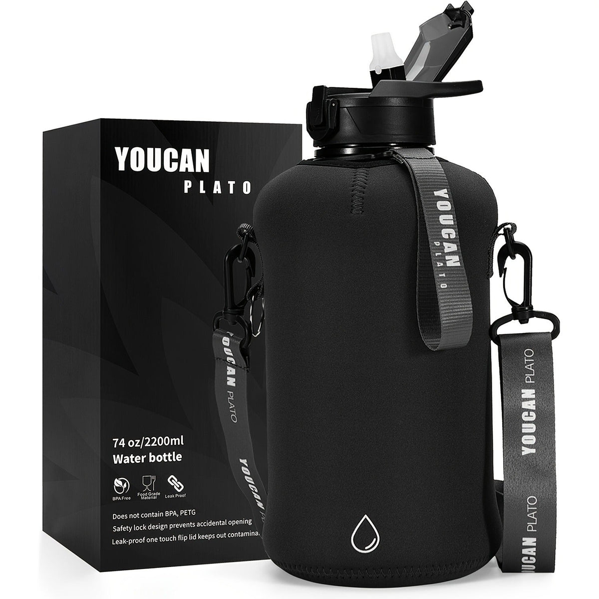 Half Gallon Water Bottle 74oz with Insulated Sleeve, Straw & Time Marker – BPA Free Leakproof Large Sports Jug with Carrying Handle & Strap for Gym, Fitness & Outdoor