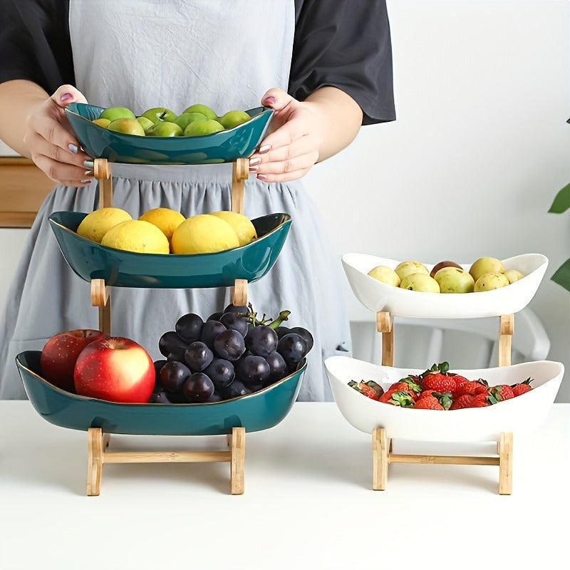 White or Green Countertop Display Stand with Two- or Three-Tier Curved Trays and Wood-Look Supports
