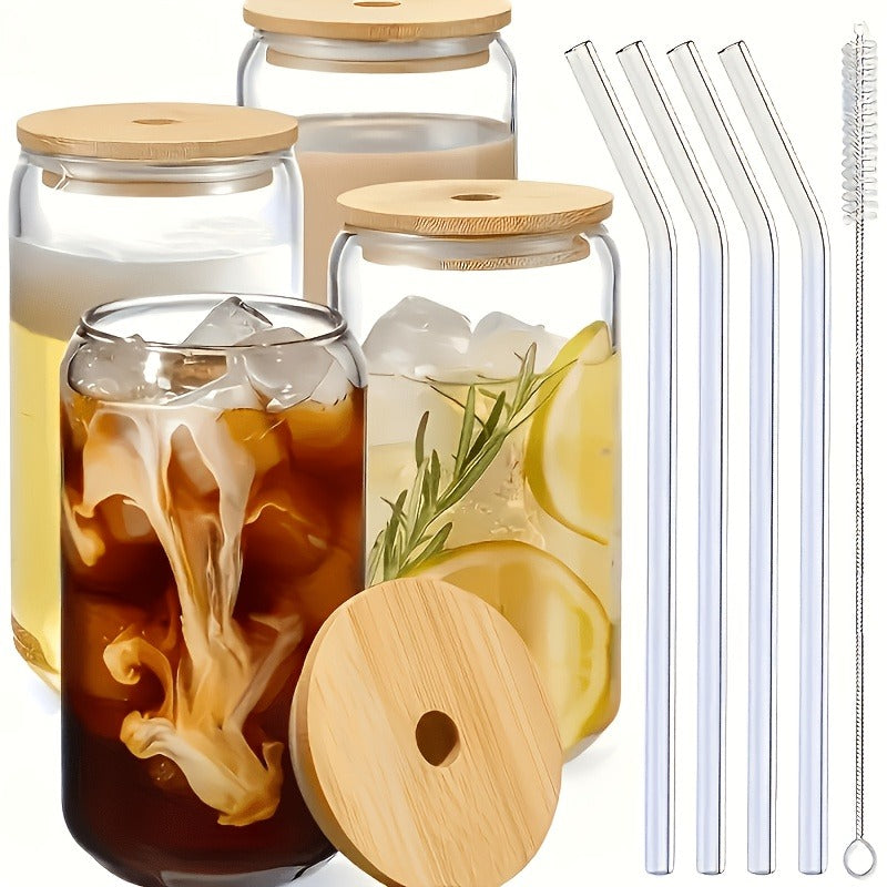 Drinking Glasses Set with Lid and Straw 550ml Oval Glass Cups 4 or 6 Piece – Iced Coffee Smoothie Bubble Tea Juice Tumbler Set for Home Entertaining Gifting