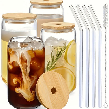 Drinking Glasses Set with Lid and Straw 550ml Oval Glass Cups 4 or 6 Piece – Iced Coffee Smoothie Bubble Tea Juice Tumbler Set for Home Entertaining Gifting