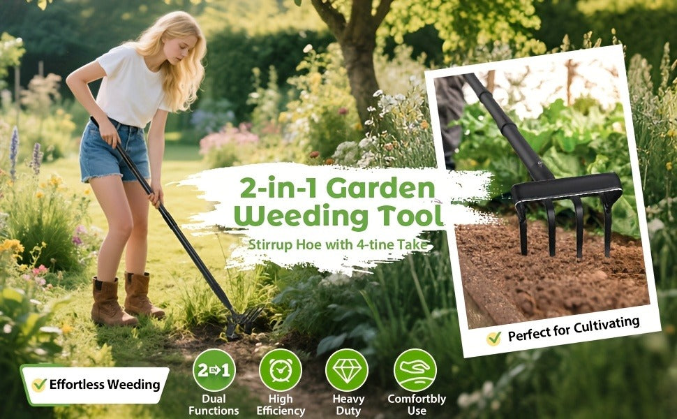2-in-1 Garden Hand Tool with Stirrup Hoe, Four-Tine Cultivator and 62-, 73- or 82-Inch Sectional Handle
