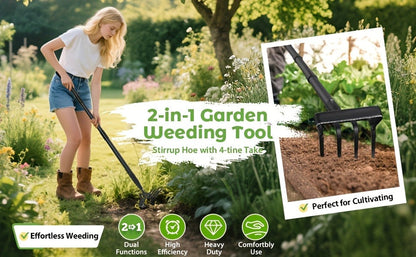 2-in-1 Garden Hand Tool with Stirrup Hoe, Four-Tine Cultivator and 62-, 73- or 82-Inch Sectional Handle