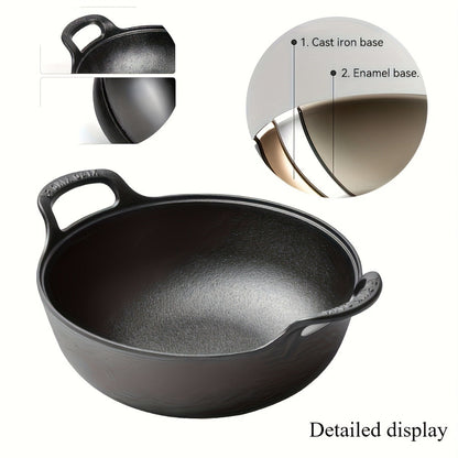 20cm Cast Iron Serving Pan with Dual Loop Handles, Rounded Deep Profile and Enamel Base Layer for Oven or Stovetop Use