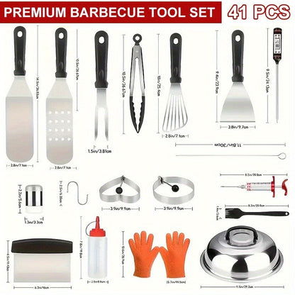 BBQ Tool Set Stainless Steel Grill Accessories Kit with Meat Thermometer Teppanyaki Press Board for Outdoor Camping Home Kitchen Party