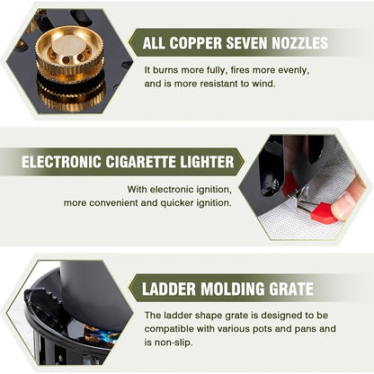 Windproof Camp Stove 21000W Collapsible | Seven Star Camping Gas Stove with Piezo Igniter & Fuel Canister Adapter | Butane Isobutane Propane | For Hiking Backpacking Picnic